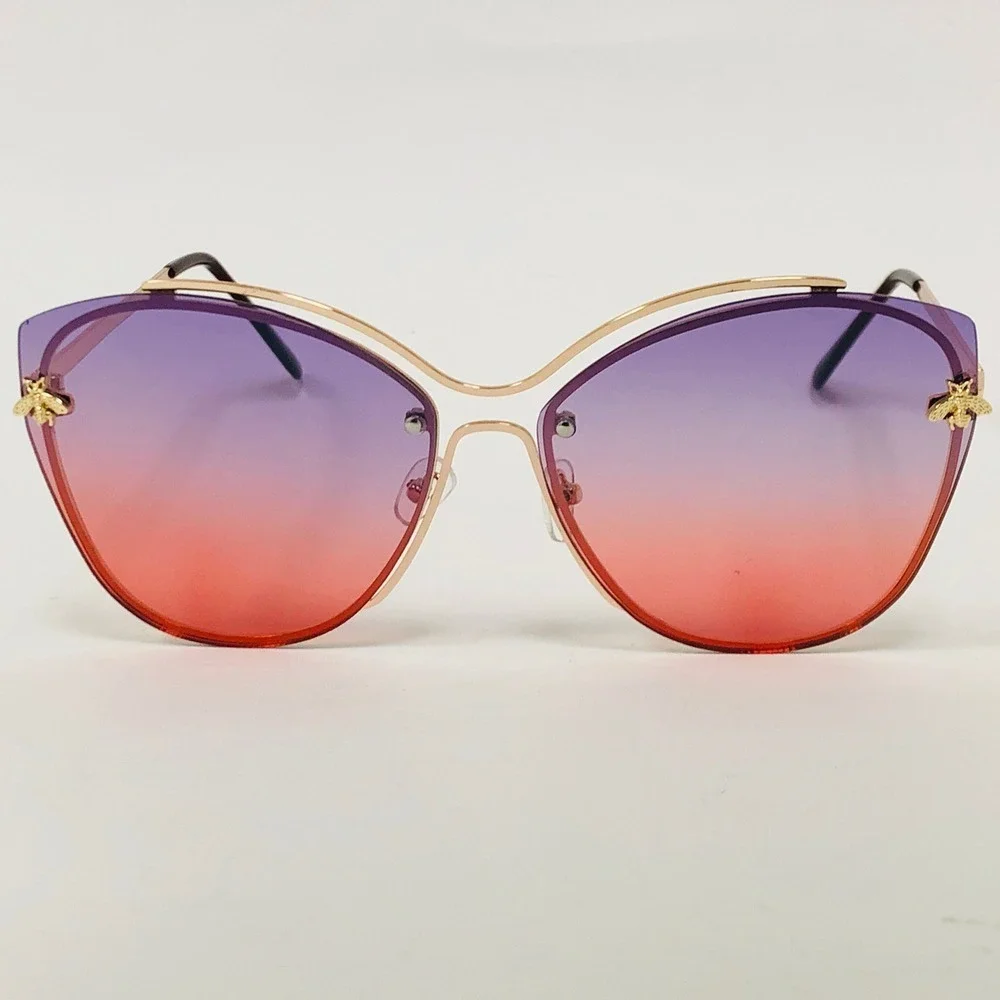 Rimless Butterfly Sunglasses Bee‎ Accents Purple Pink Fashion Shades Oversized
